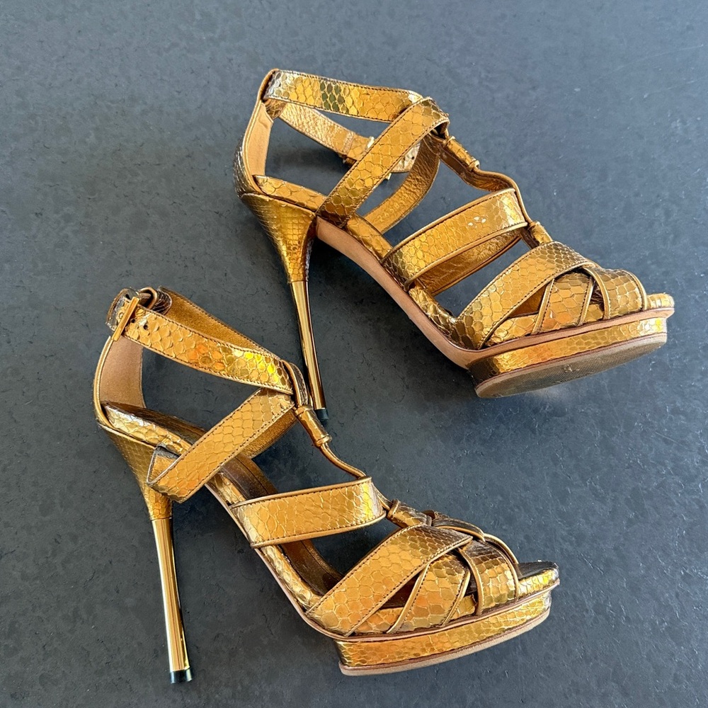 💯 AUTH GUCCI Animal Snake Leather Metallic Gold Bronze Sandals Heels Size 37.5 - Picture 5 of 10